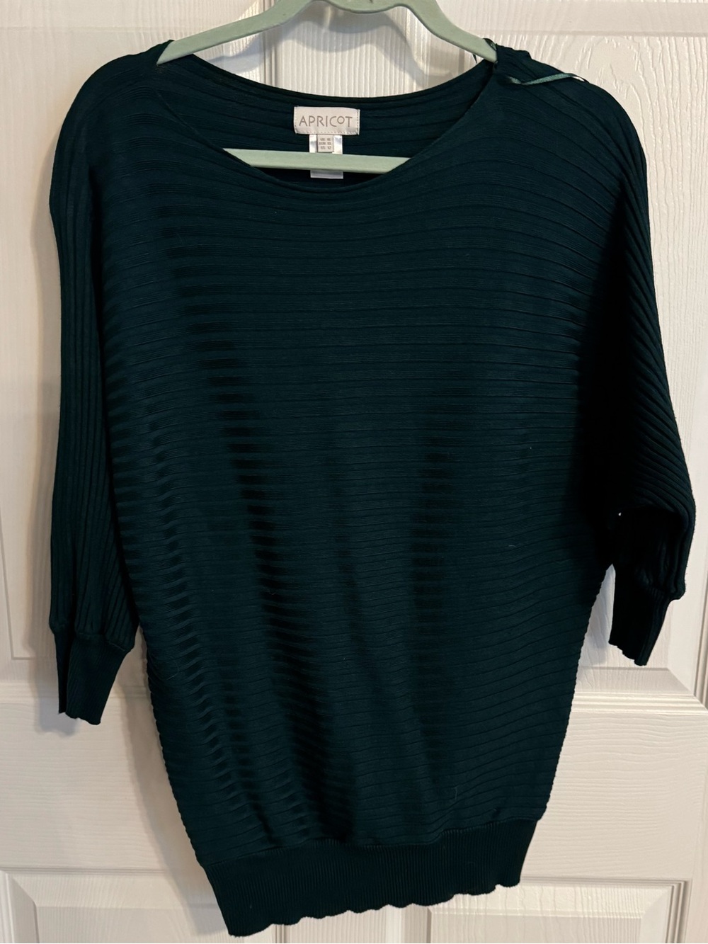 Apricot Dark Green Ribbed Knit Dolman Sweater US 12 XL Batwing 3/4 Sleeve